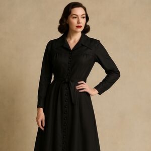 Vintage Polly Magoo Black Button Down Collared‎ Long Sleeve Dress, Medium